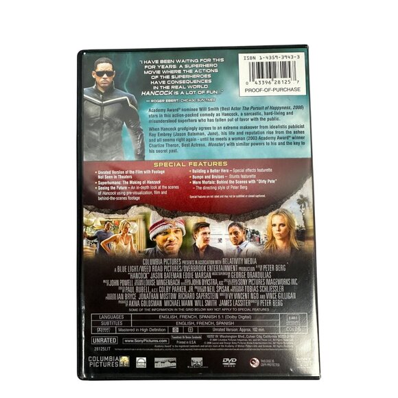 Hancock DVD 1 Disc Unrated Edition Will Smith Charlize Theron Columbia 2008 - Picture 2 of 7